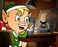 Elf speaking to Santa on the phone in Santa's Workshop.