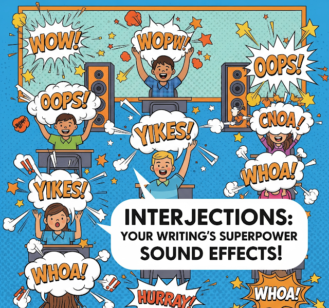 Cartoon kid shouting "Wow!" with expressive speech bubble, symbolizing interjections.