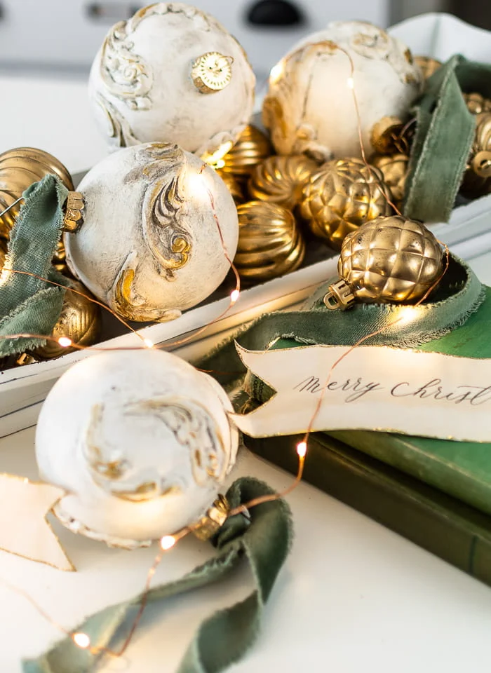 gold ornaments, antique ornaments, velvet ribbon, fairy lights