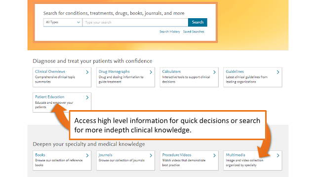 Home page for clinical key showing a list of the different resources
