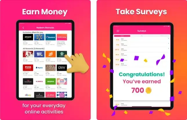 "Poll Pay app interface displaying available surveys, earned balance, and payout options like PayPal and gift cards."