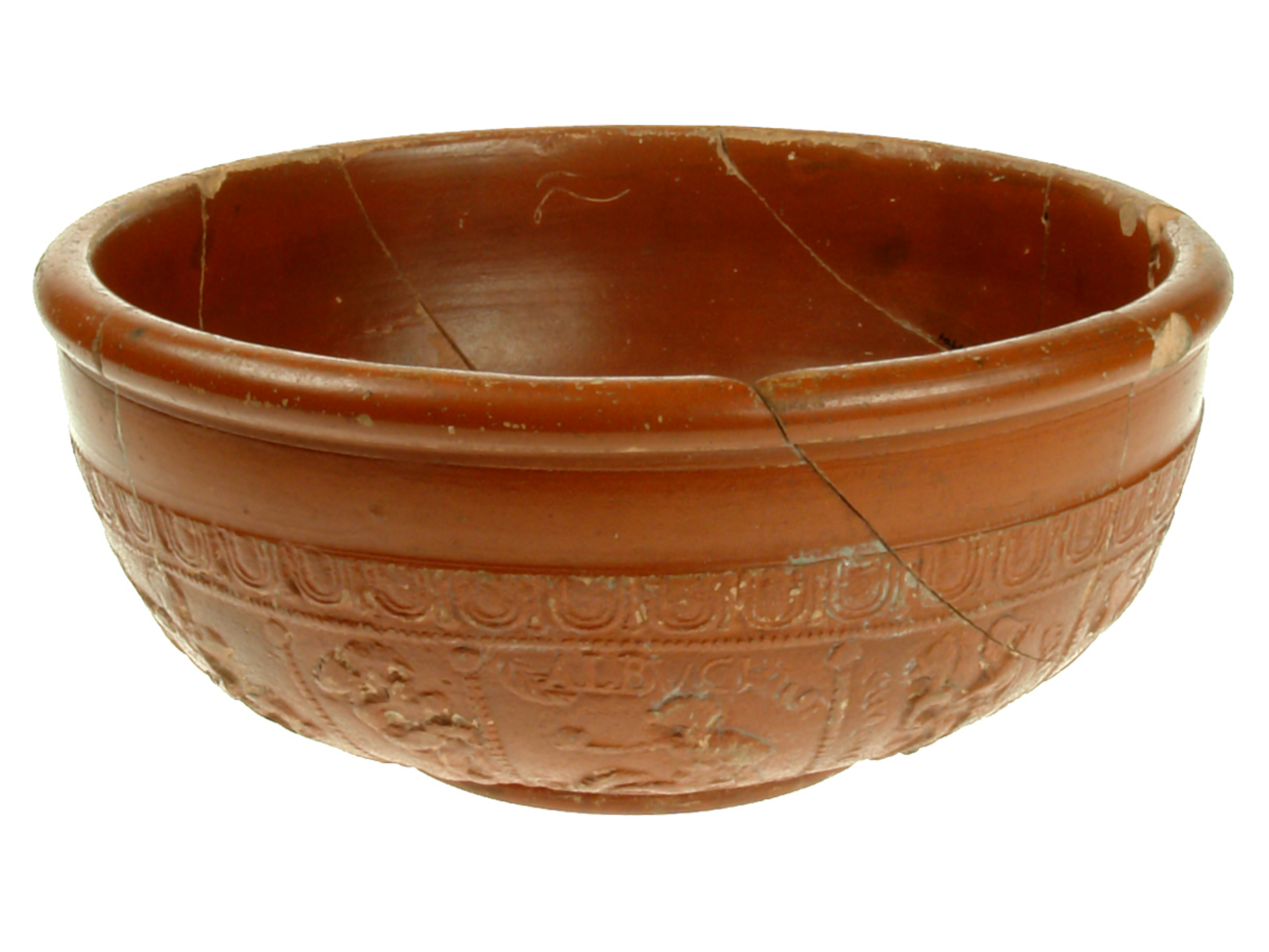 Repaired red Roman samian ware bowl with engravings