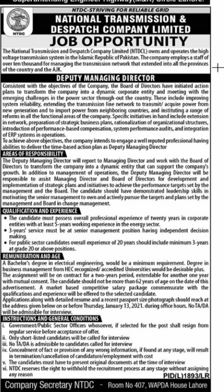 Advertisement of National Transmission & Despatch Co. Limited NTDC Jobs in Pakistan 2021 For Deputy Managing Director Post