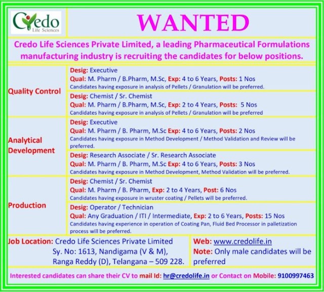 Credo life sciences | Hiring for Production/QC/Analytical development at Hyderabad