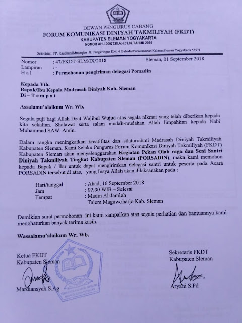 Contoh Surat Permohonan Undangan Acara Lomba atau Perlombaan di Madrasah