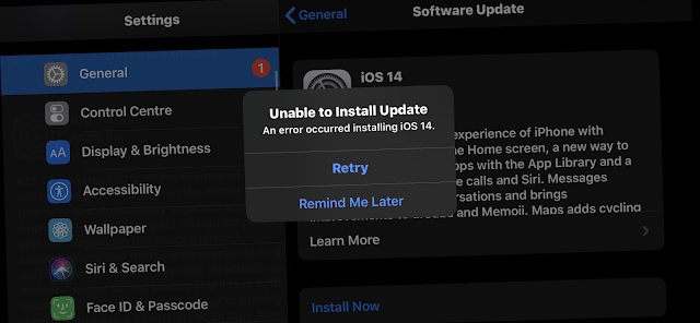 Unable to install ios Update, An error occurred installing ios 14, retry or remind me late