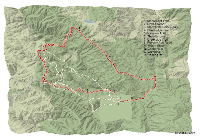 Route of backpacking in Henry W Coe, July 2017