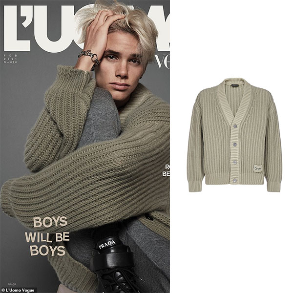 Romeo Beckham wearing Prada sweater in a cover shoot on January 18 2021