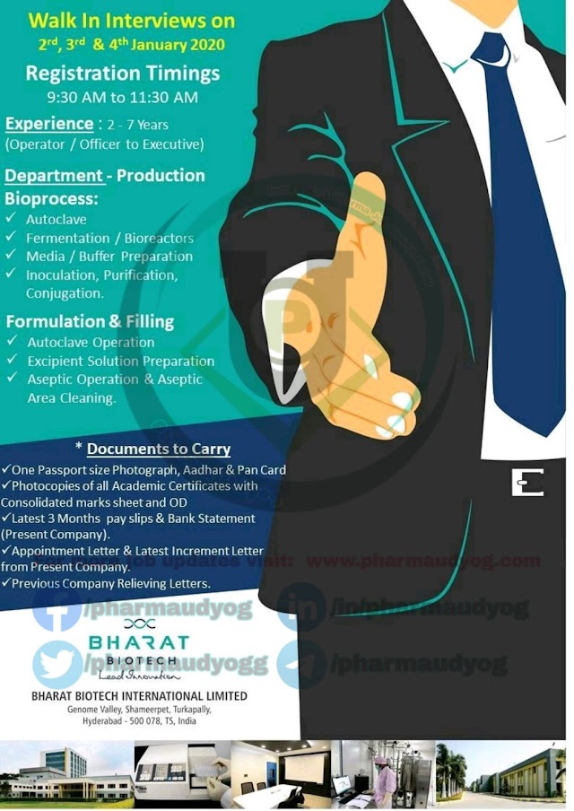 Bharat Biotec | Walk-in for Production on 2,3&4 Jan 2020 | Pharma Jobs in Hyderabad