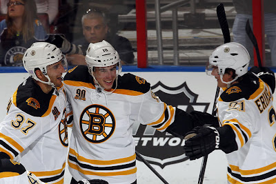 Reilly Smith #18 of the Boston Bruins celebrates his game winning goal with teammates Patrice Bergeron #37 and Loui Eriksson #21 against the Florida Panthers