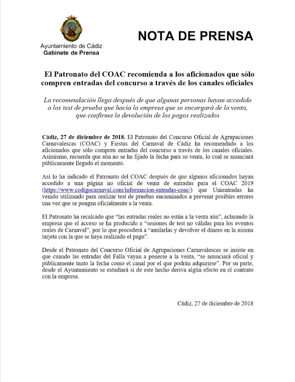 El Patronato del COAC recomienda a los aficionados que sólo compren entradas del concurso a través de los canales oficiales 