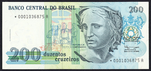 Brazil Banknotes 200 Cruzeiros banknote 1990 Effigy of the Republic of Brazil