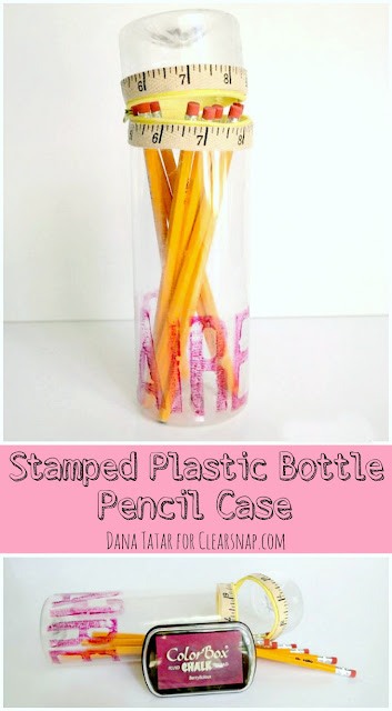 DIY Stamped Plastic Bottle Pencil Case Tutorial by Dana Tatar for Clearsnap