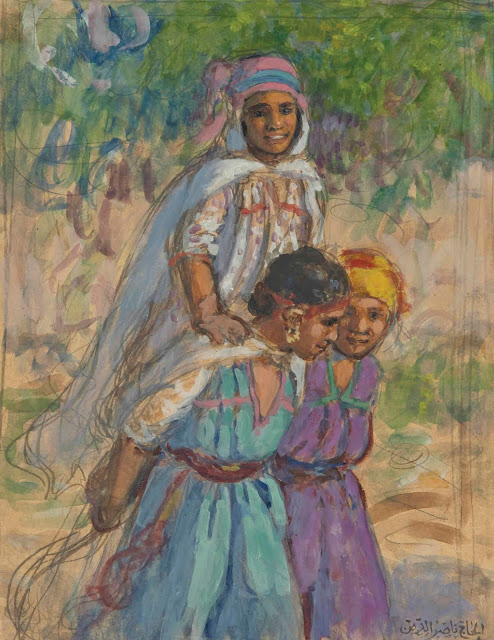 Trois fillettes jouant. 1903 - Étienne Dinet (Français - 1861-1929) - Mine de plomb, aquarelle et gouache sur papier brun - 32,5x24cm