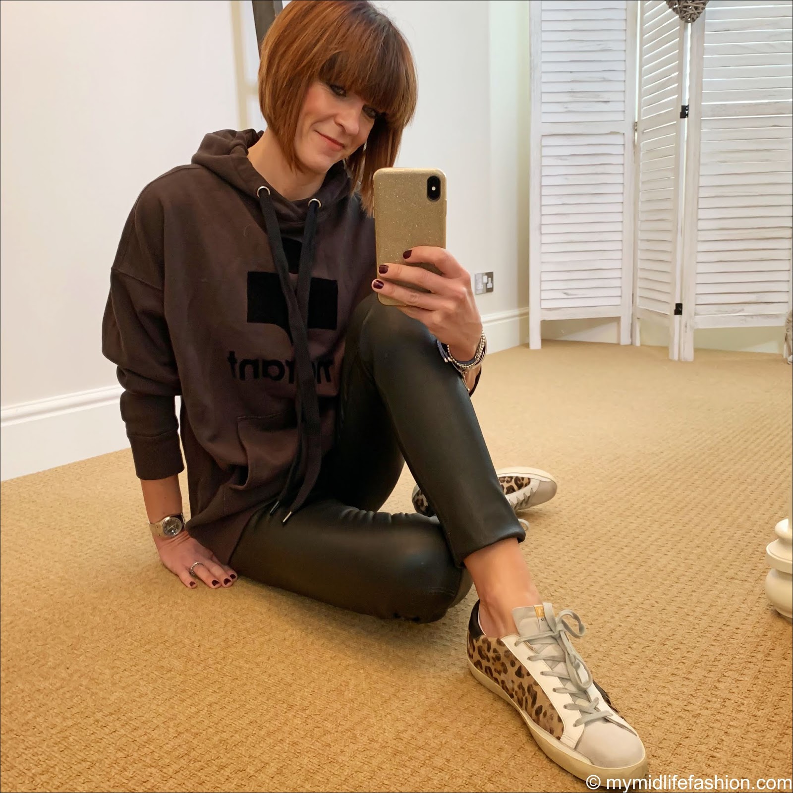 my midlife fashion, isabel marant hoodie sweater, hush leather leggings, golden goose superstar low top leather leopard print trainers
