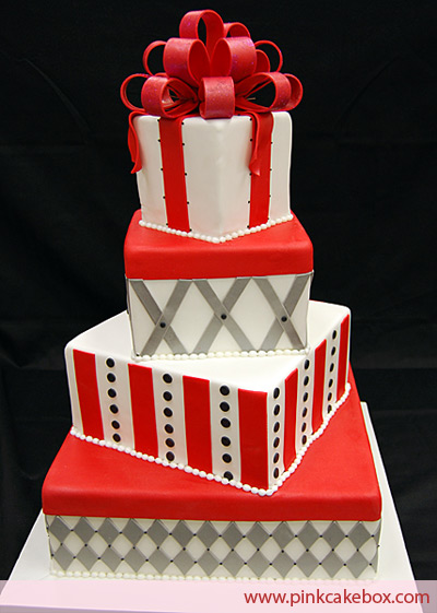 Fun red and silver wedding cake shaped as gift boxes created by Pink Cake 