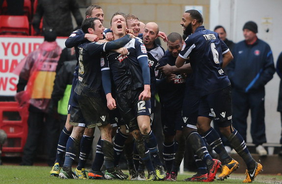 Shane Lowry celebrates after scoring against Charlton with his Millwall teammates