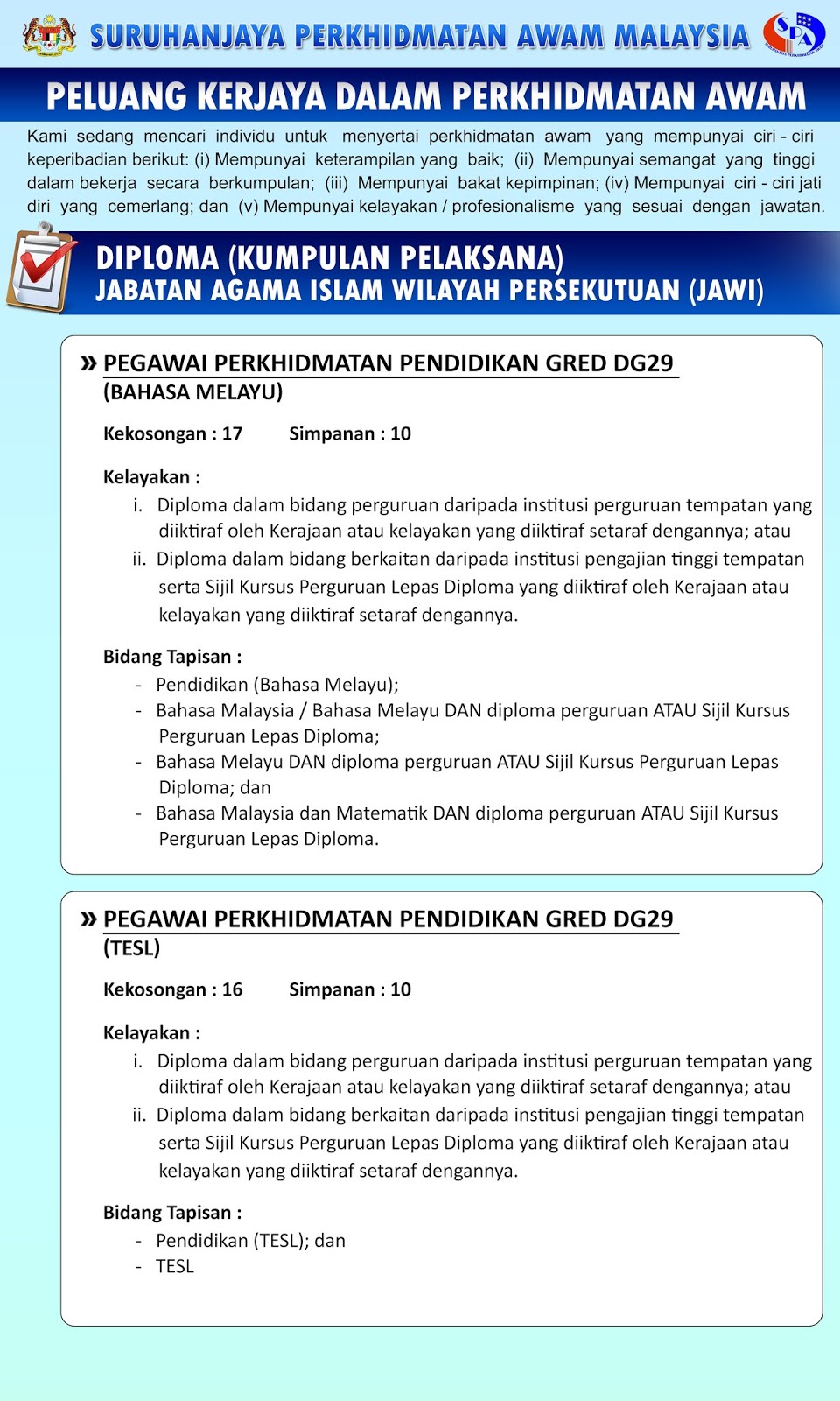 Jawatan Kosong Jabatan Agama Islam Wilayah Persekutuan 