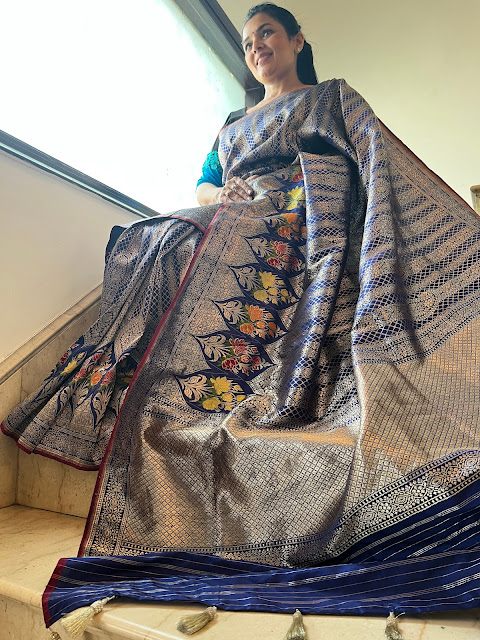 Regal Blue Katan Silk Saree with Mughal Style Tilfi Meenakari Border