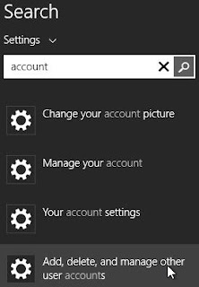 Windows 8.1, écran de démarrage, recherche de paramètres. Pour modifier les types de compte utilisateur, entrez "compte" dans la zone de recherche. Ensuite, cliquez sur "Ajouter, supprimer et gérer d'autres comptes utilisateur".