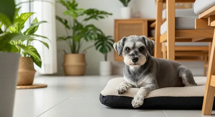 cão idoso pequeno porte descansando confortavelmente em casa