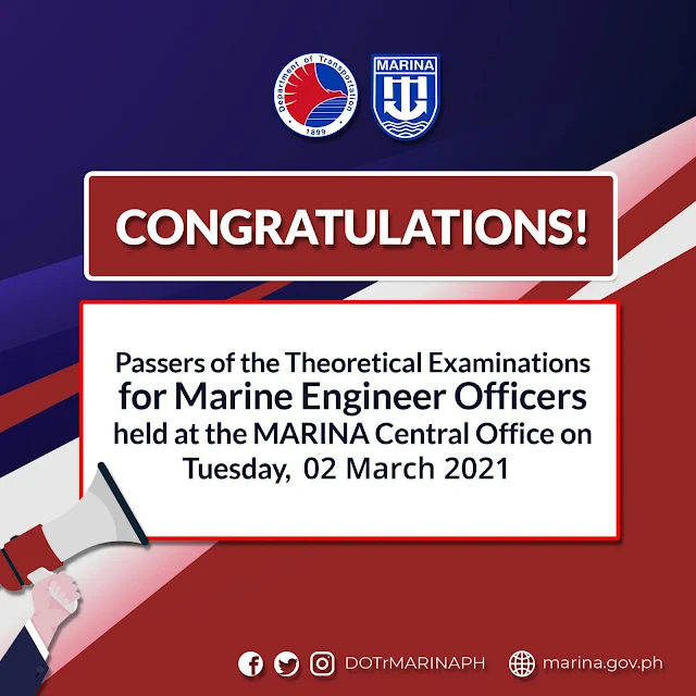 passers of the Theoretical Examinations for Marine Engineer Officers conducted at the MARINA