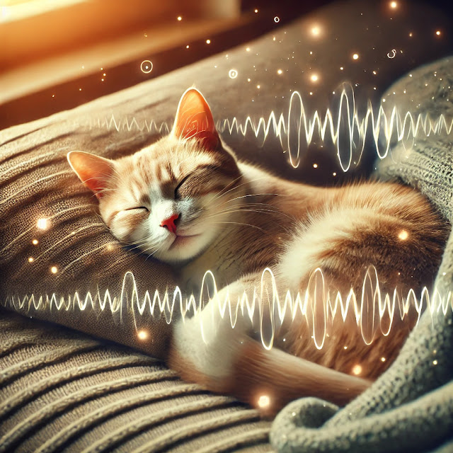 A cozy illustration of a content cat curled up on a soft blanket, peacefully purring. The image features warm lighting and gentle wave-like effects around the cat, symbolizing the soothing vibrations of its purr in a serene and comforting setting.