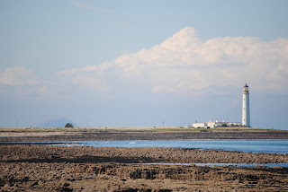 A photo showing a view across the rocks to a lighthouse in the distance - this is Barns Ness Lighthouse.  Photo by Kevin Nosferatu for the Skulferatu Project.