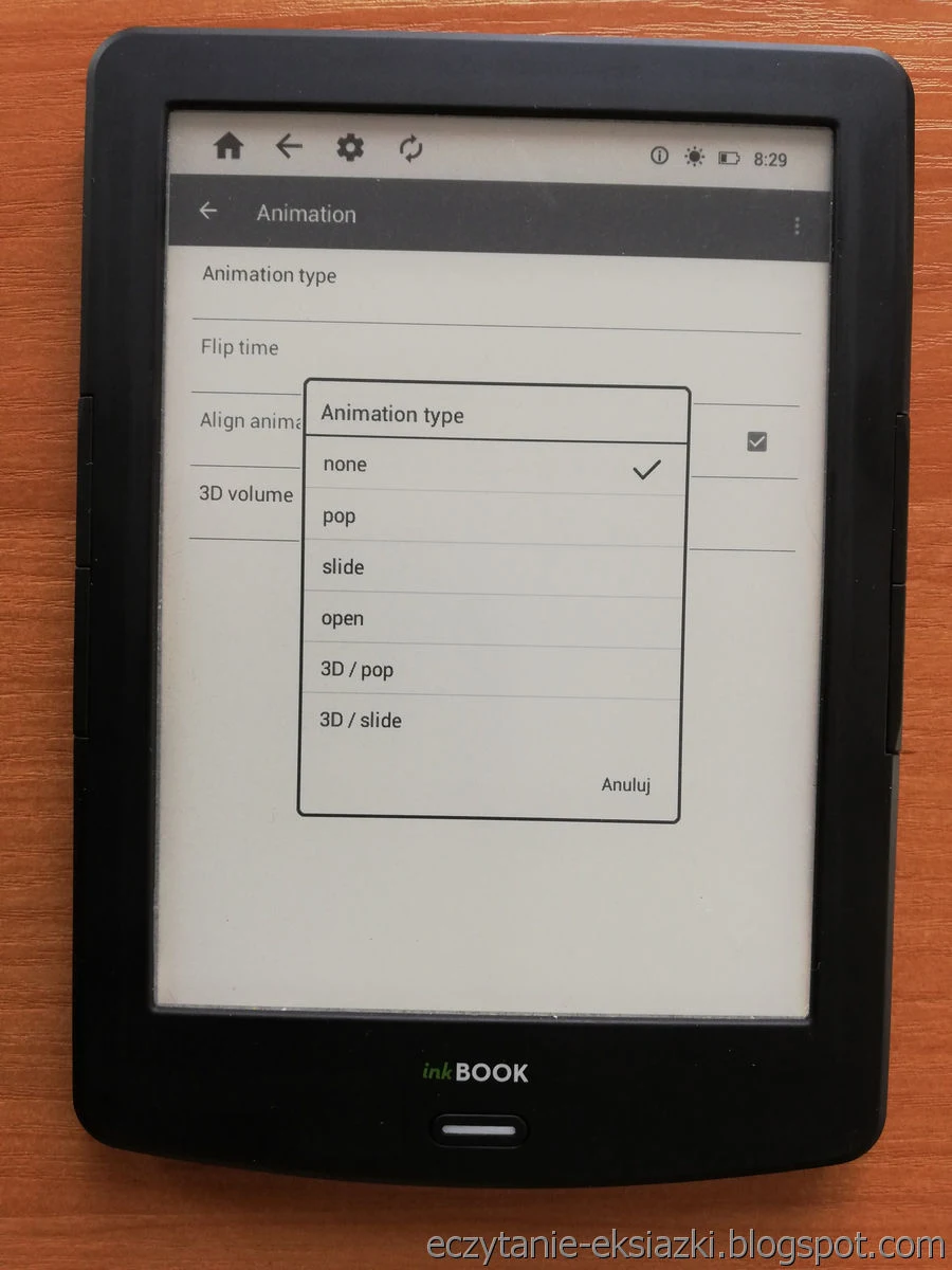 InkBOOK LUMOS – wyłączanie animacji zmiany strony w PocketBook Reader