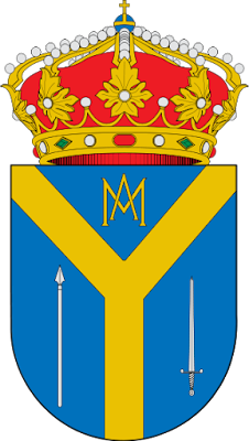 Cuadrilongo de base circular, que trae, de azul, una perla de oro, acompañada en el jefe de un monograma A-M de oro, y en los flancos de una lanza de plata a la diestra y una espada de lo mismo a la siniestra, al timbre, Corona Real cerrada