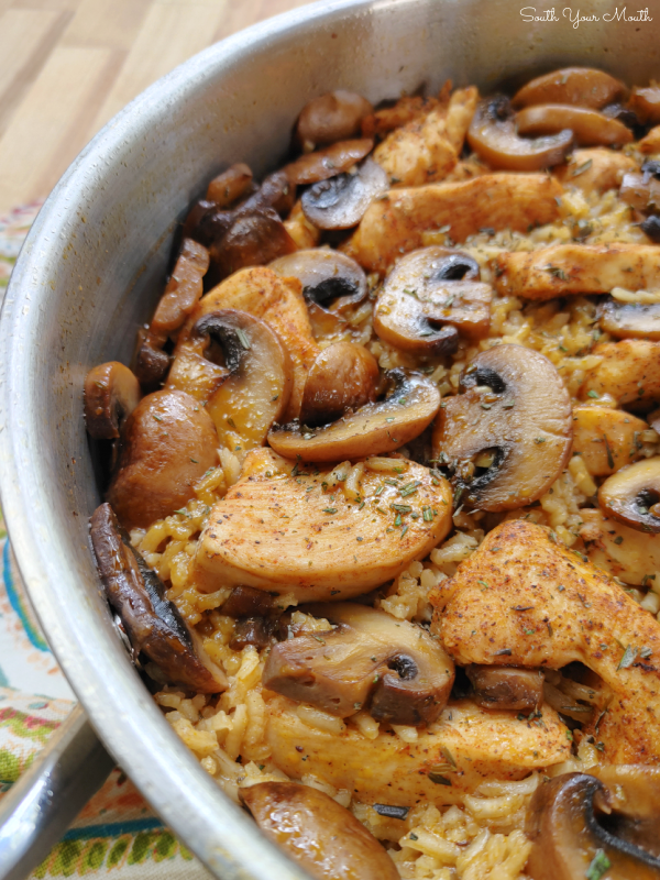 Chicken & Mushroom Rice! A quick and easy skillet meal with savory chicken and buttery mushrooms cooked with rice in one pan.