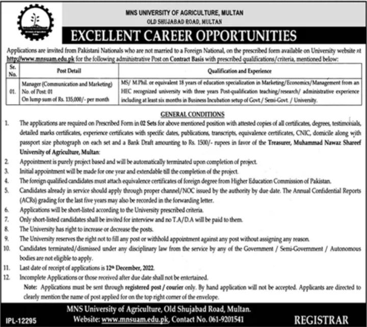 Apply at MNS University Of Agriculture latest Government jobs in Management and departments before closing date which is around December 12, 2022 or as per closing date in newspaper ad. Read complete ad online to know how to apply on latest MNS University Of Agriculture job opportunities.
