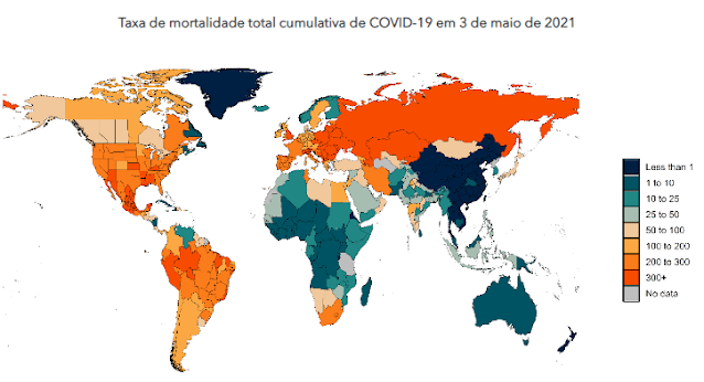 Taxa de mortalidade total cumulativa de COVID-19 em 3 de maio de 2021