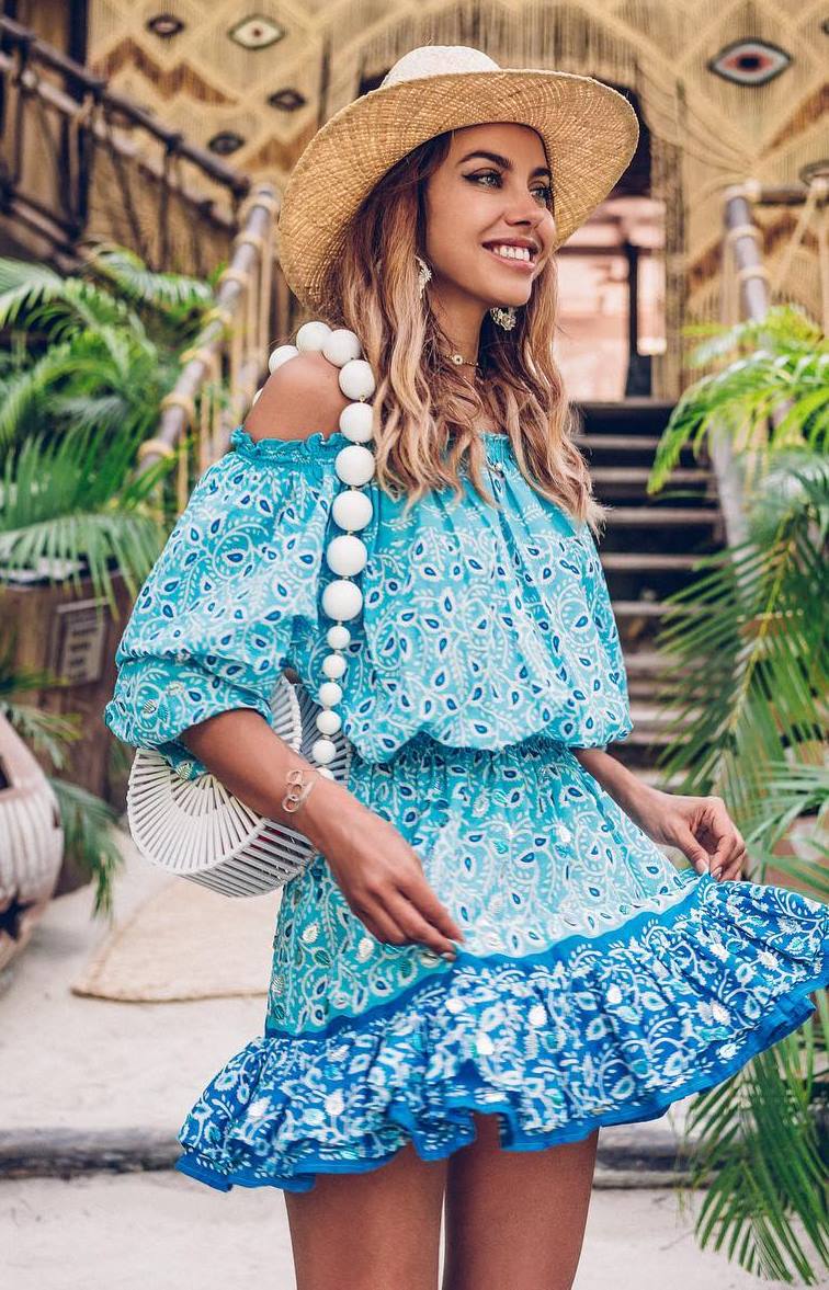 how to wear a straw hat : printed off shoulder dress and bag