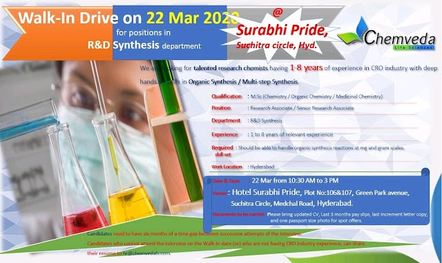 Chemveda | Walk-in at Hyderabad for R&D on 22 Mar 2020