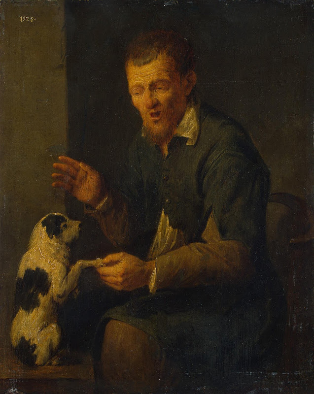 Peasant with a Dog by David Ryckaert III - Genre Paintings from Hermitage Museum