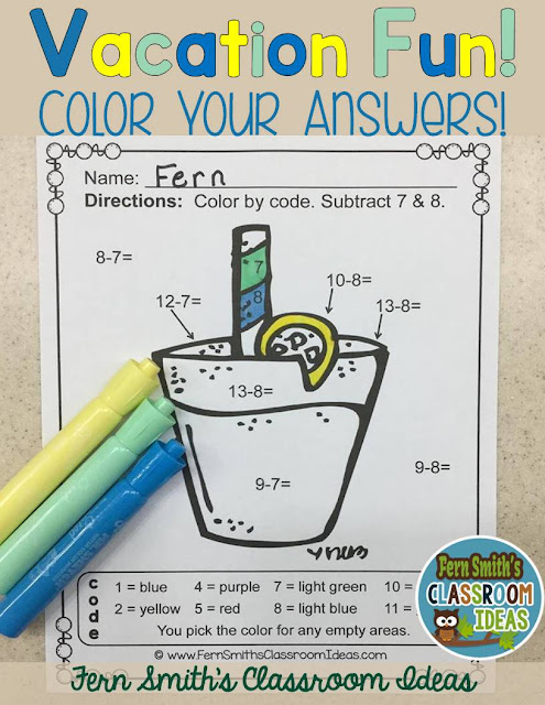  Fern Smith's Classroom Ideas Vacation Fun Multiplication, Division, Addition and Subtraction Facts Color Your Answers Printables at TeacherspayTeachers.