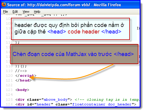 Chèn code MathJax vào trước </head>