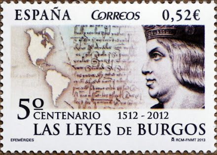 Imagen: Sello conmemorativo del V centenario de las "Leyes de Burgos"