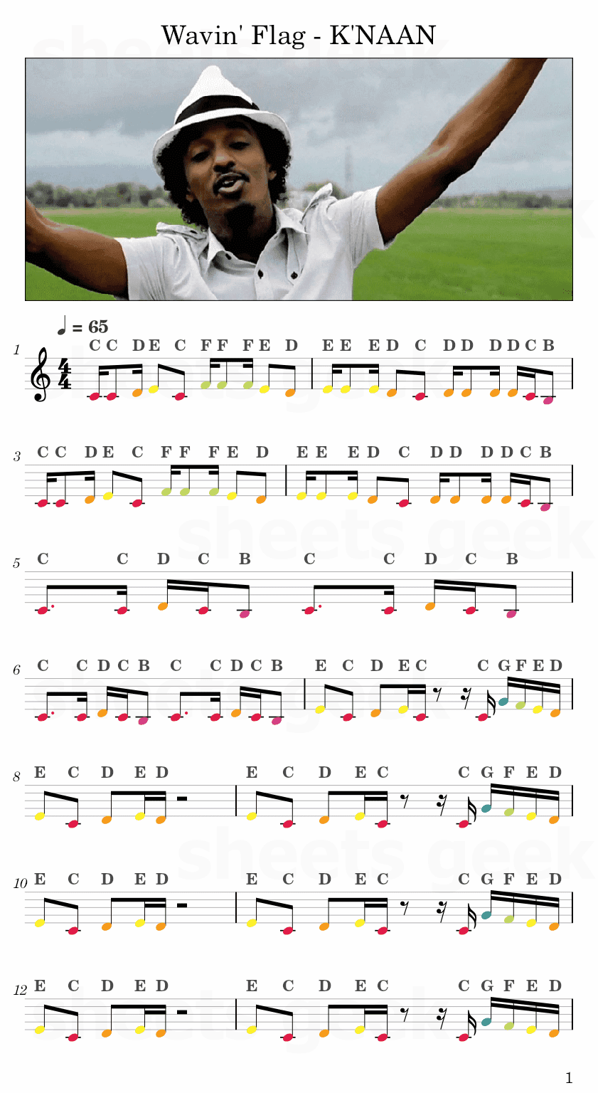 Wavin' Flag - K'NAAN Easy Sheet Music Free for piano, keyboard, flute, violin, sax, cello page 1