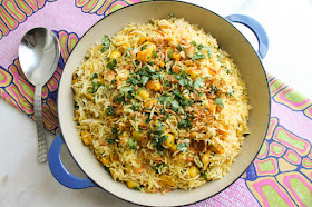 Food Lust People Love: This Bay Scallop Shrimp Biryani is a fragrant dish of well-seasoned seafood quickly seared till golden then mixed with long-grained basmati rice. It’s one of our favorite one-pot meals! I’ve adapted this recipe from the shrimp biryani in "At Home with Madhur Jaffrey."