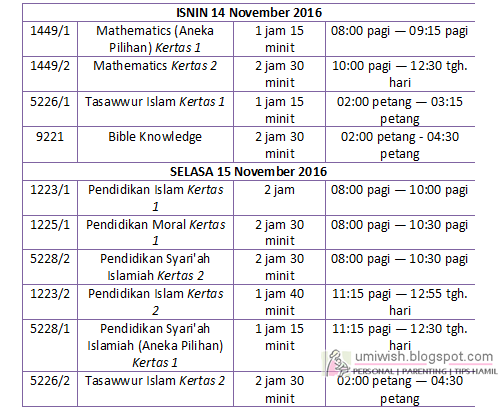 Jadual Waktu Peperiksaan SPM 2016