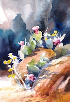 Smalll watercolor demonstration painting done en plein air at the Kayenta Desert Bloom Art Festival