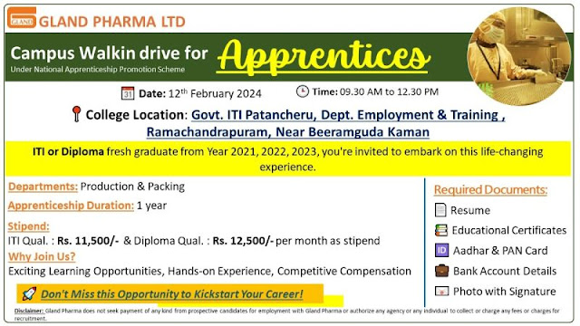 Gland Pharma Campus Walk in Drive For Apprentices - Diploma/ ITI - Production - Fresher