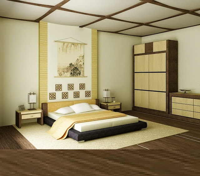 Japanese bedroom furniture design, glass wood ceiling design