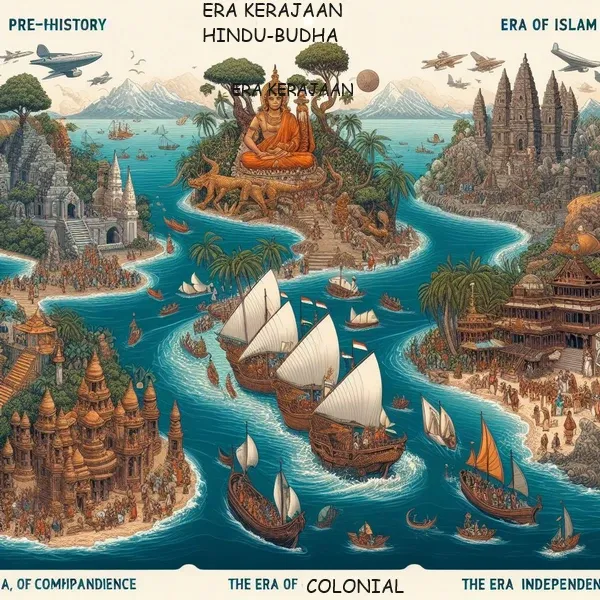 Gambar ilustrasi perjalanan Nusantara mulai prasejarah, era kerajaan Hindu-Budha-kepercayaan, era masuknya Islam, era kolonialisme, era kemerdekaan