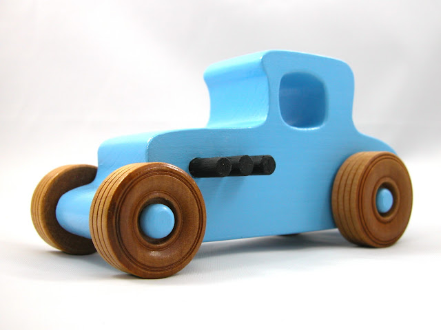 Wood Toy Car Hot Rod '27 T-Coupe, Handmade and Finished with Baby Blue and Black Acrylic Paint and Amber Shellac, Race Car, Street Rod