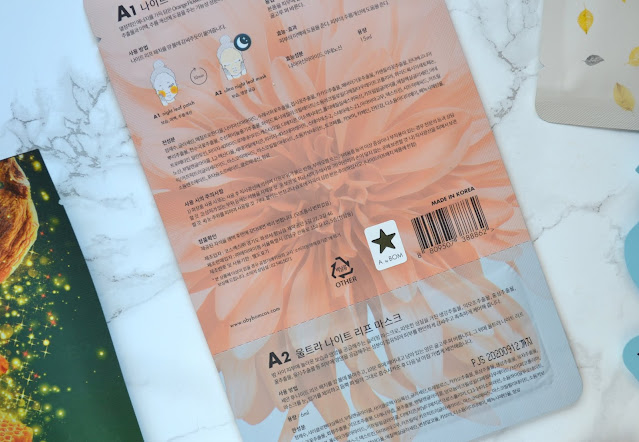 back of the packaging of the a by bom ultra night leaf mask