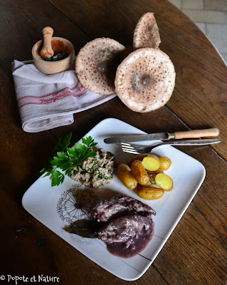 Blancs de poulet au vin rouge, duxelles de coulemelles et pommes de terre Pompadour © Popote et Nature