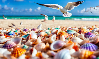 Colorful Seashell Beach with seagulls